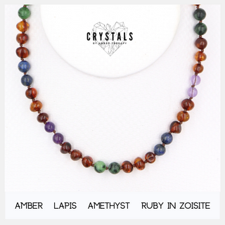 Amber, Lapis, Amethyst & Ruby in Zoisite Adult Necklace