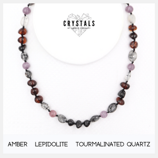 Amber, Lepidolite & Tourmalinated Quartz Adult Necklace
