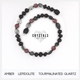 Amber, Lepidolite & Tourmalinated Quartz Adult Anklet