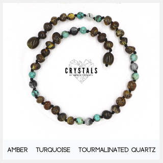 Amber, Tourmalinated Quartz & Turquoise Adult Anklet