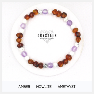 Amber, Howlite & Amethyst Adult Bracelet