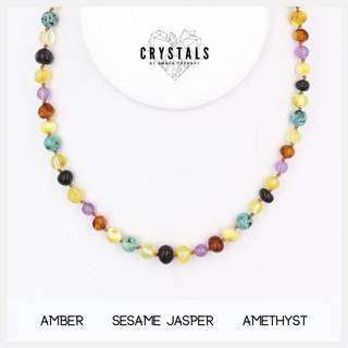 Amber, Sesame Jasper & Amethyst Adult Necklace