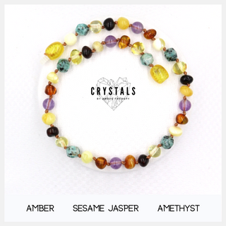Amber, Sesame Jasper & Amethyst Adult Anklet