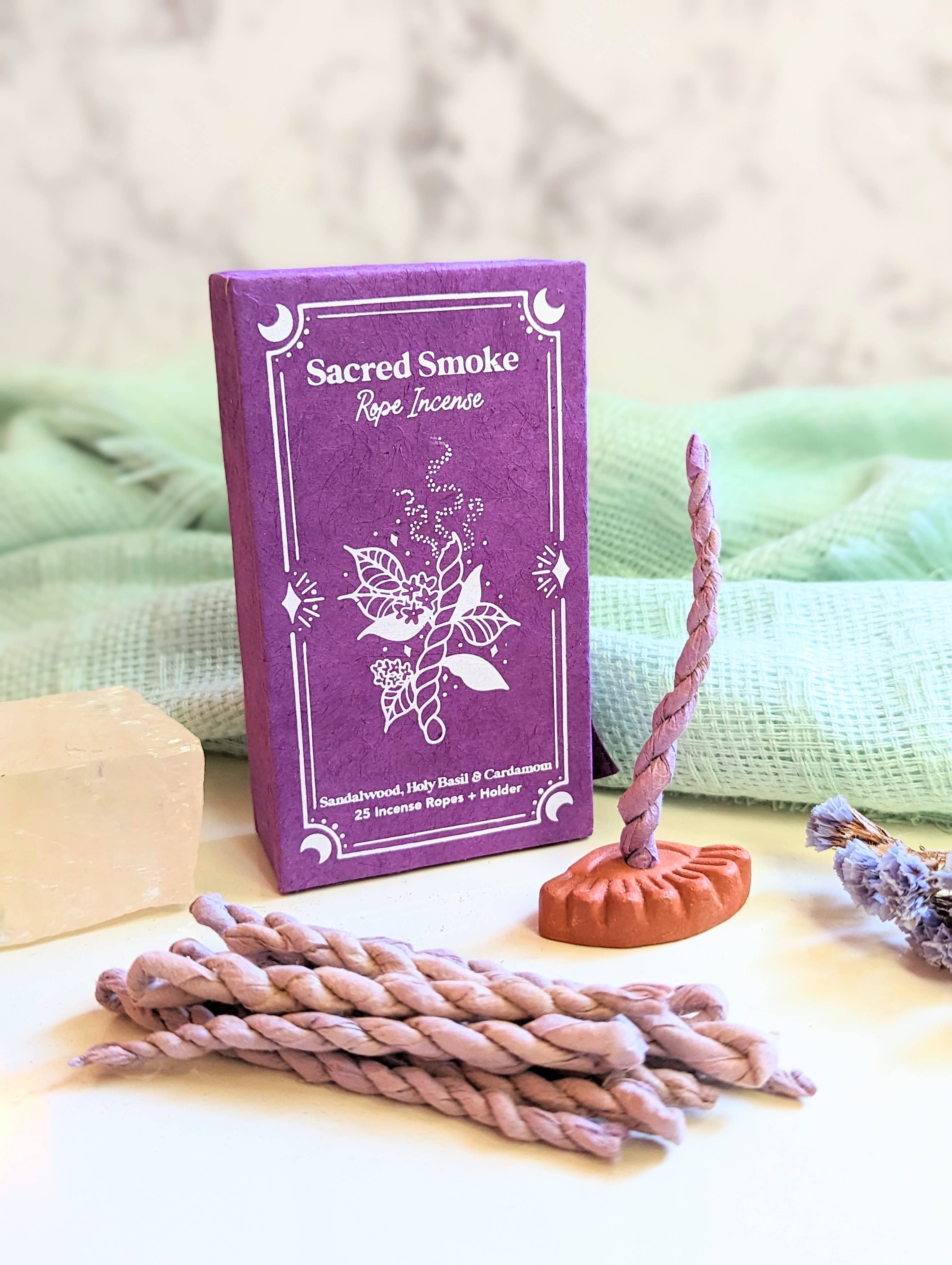 Sacred Smoke Rope Incense + Holder - Buddhist, Natural