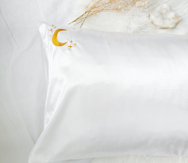 Crystal Dreams Pillowcase, Cosmic Sleep Moon Pink Vegan Silk: Rose Quartz