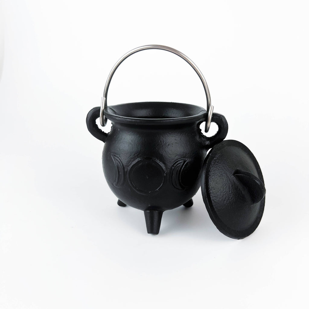 TRIPLE MOON Cast Iron Cauldron with Lid 4.5"D 4.25"H