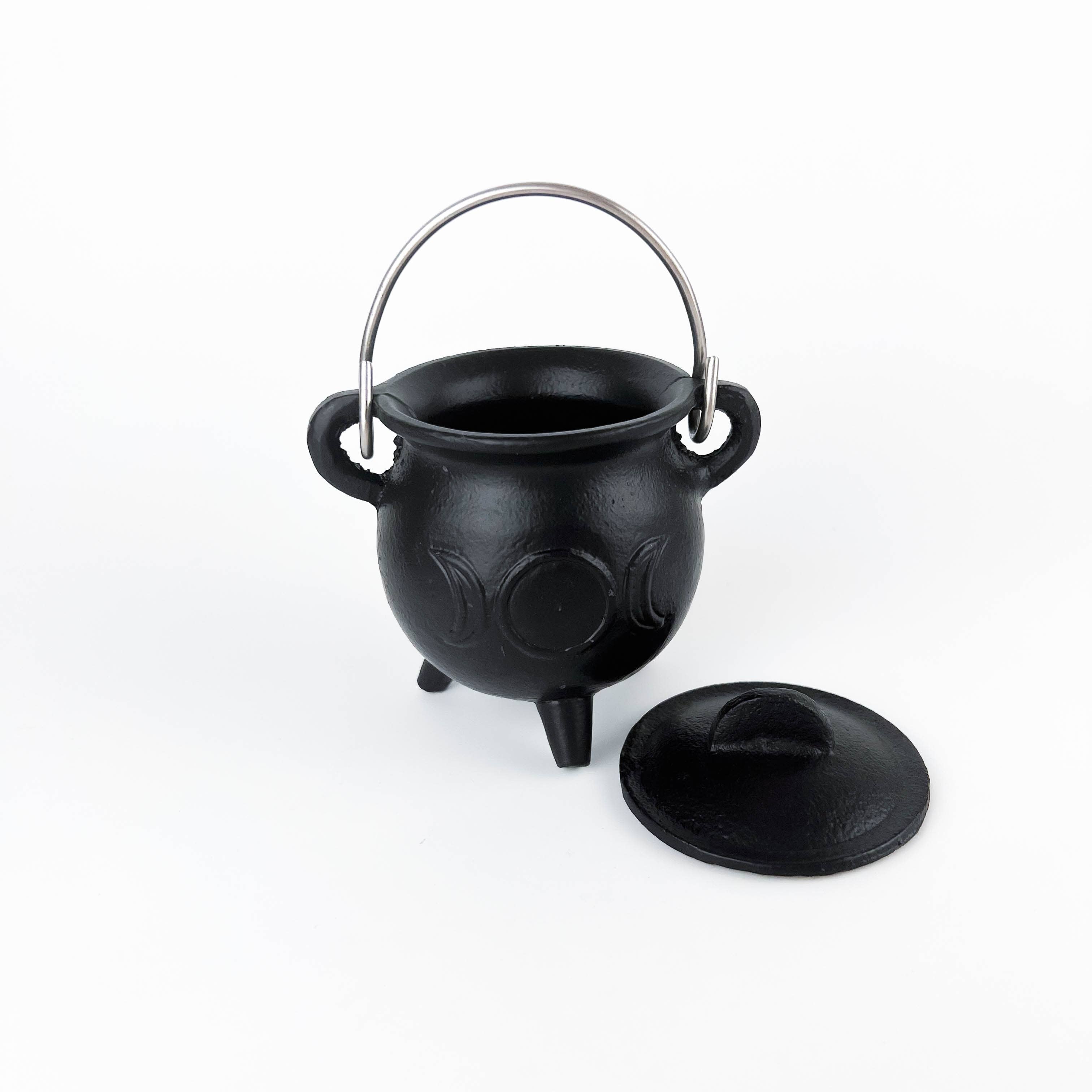 TRIPLE MOON Cast Iron Cauldron with Lid 4.5"D 4.25"H