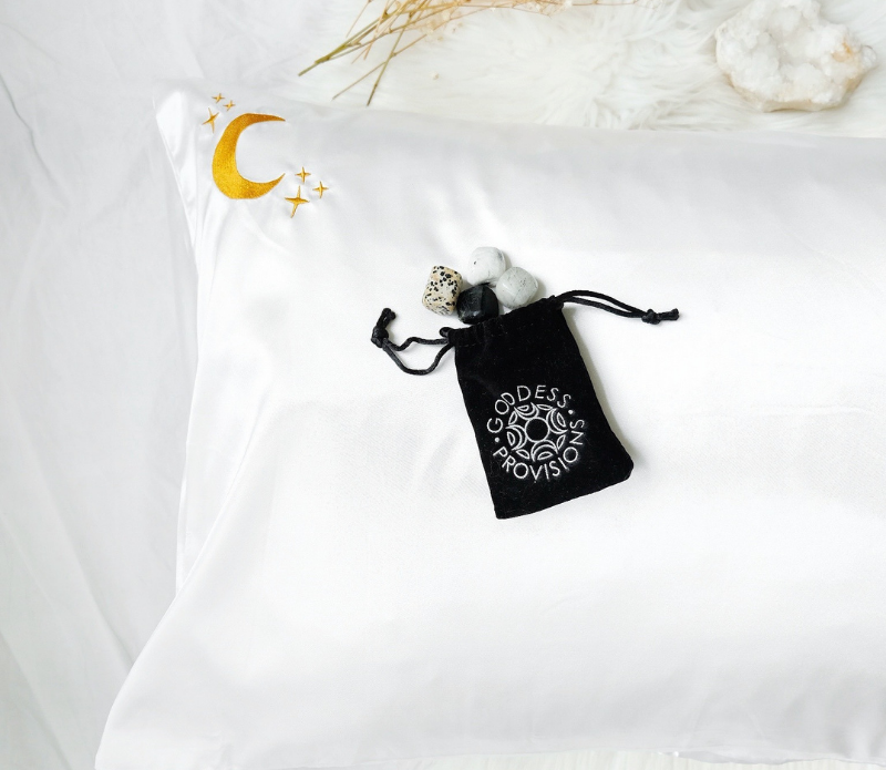 Crystal Dreams Pillowcase, Cosmic Sleep Moon Pink Vegan Silk: Rose Quartz
