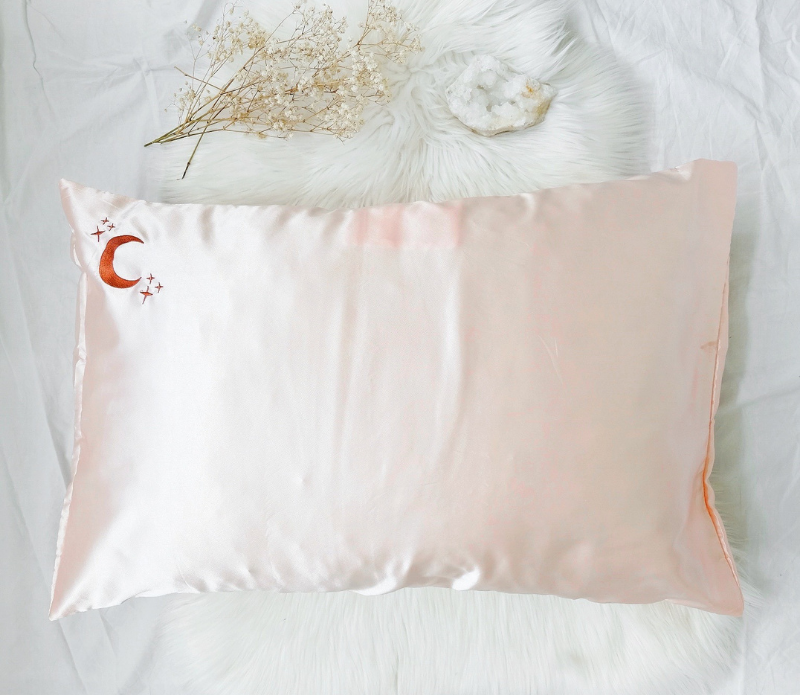 Crystal Dreams Pillowcase, Cosmic Sleep Moon Pink Vegan Silk: Rose Quartz