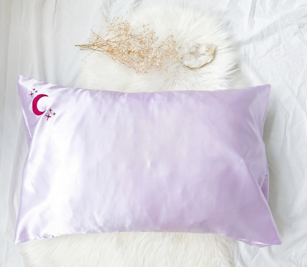 Crystal Dreams Pillowcase, Cosmic Sleep Moon Pink Vegan Silk: Rose Quartz