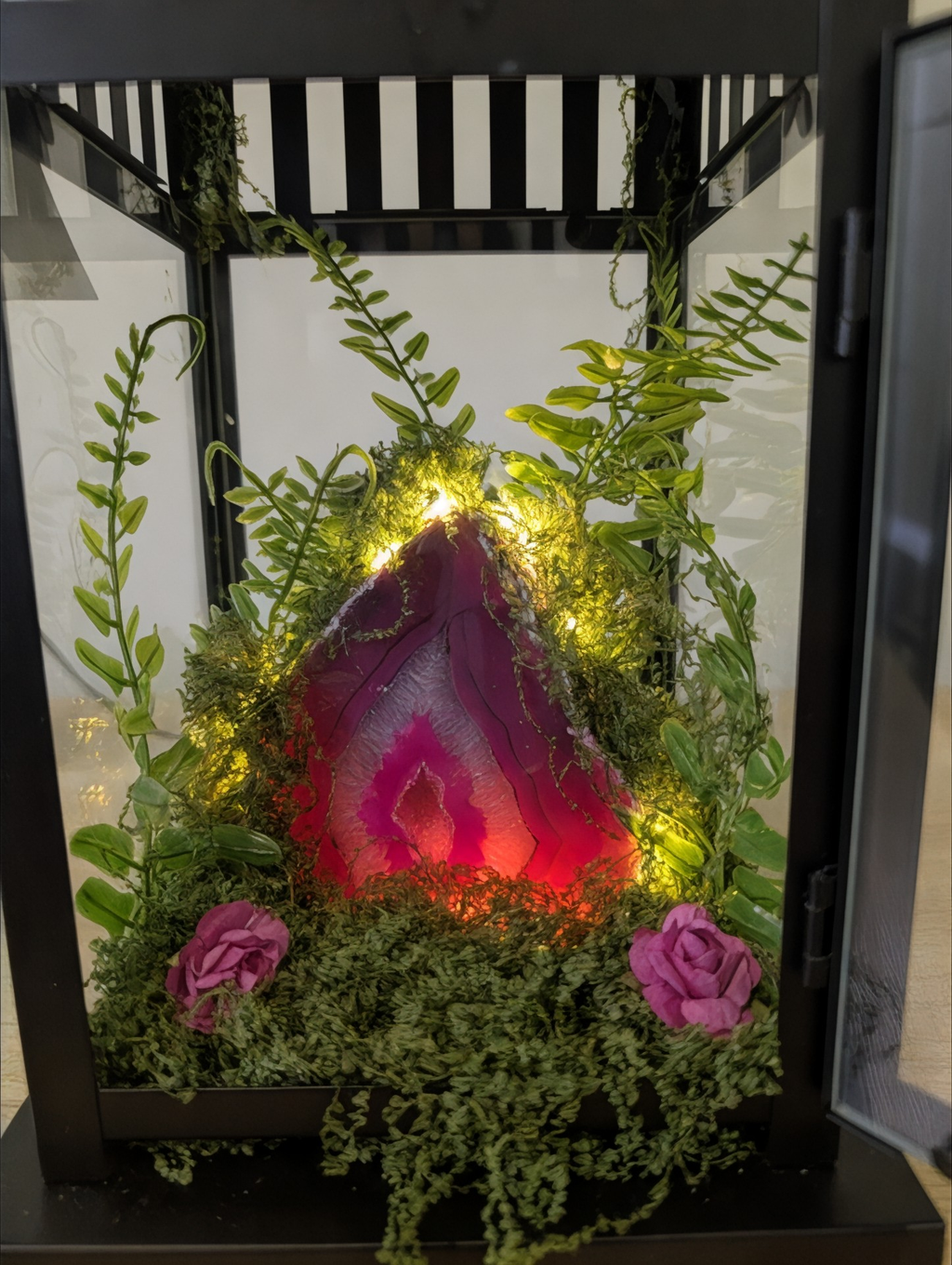 Pink Agate Crystal Cave Lantern One-of-a-Kind Artisan Light