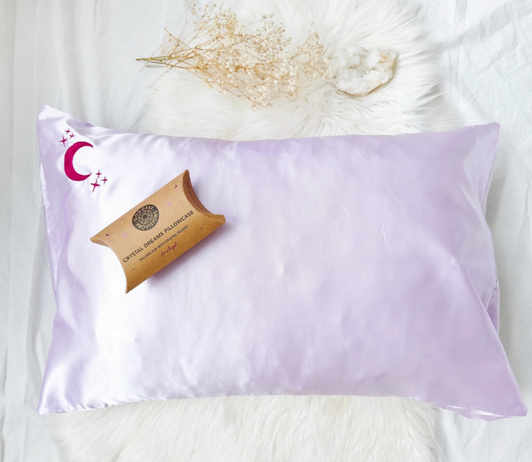 Crystal Dreams Pillowcase, Cosmic Sleep Moon Pink Vegan Silk: Rose Quartz
