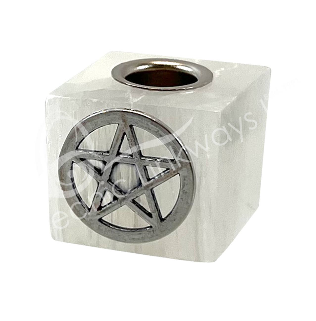 MINI CANDLE HOLDER CUBE - SELENITE WITH PENTACLE CHARM