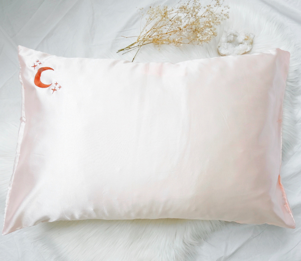 Crystal Dreams Pillowcase, Cosmic Sleep Moon Pink Vegan Silk: Rose Quartz