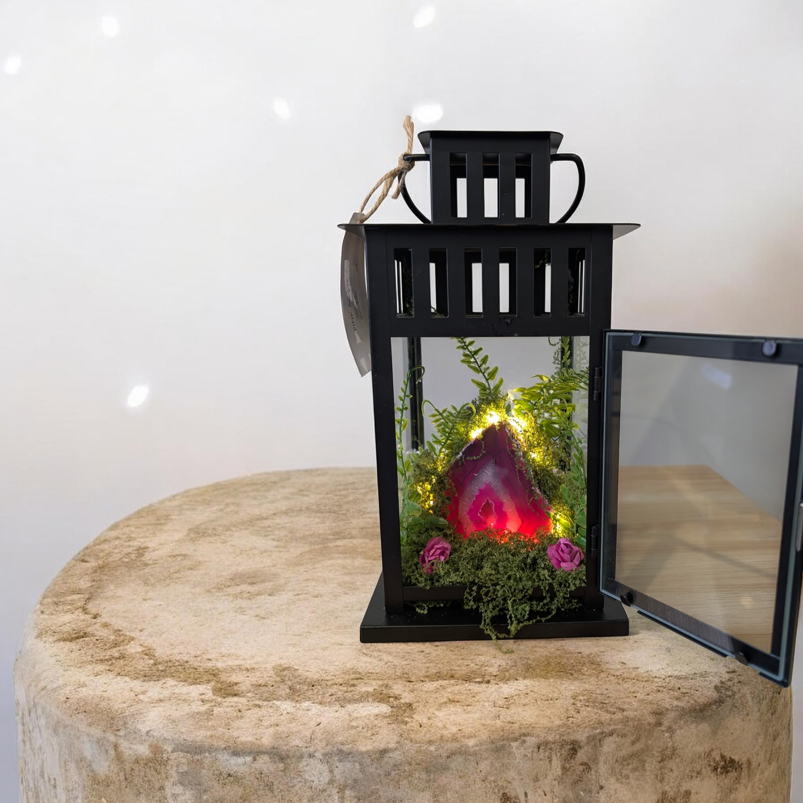 Pink Agate Crystal Cave Lantern One-of-a-Kind Artisan Light