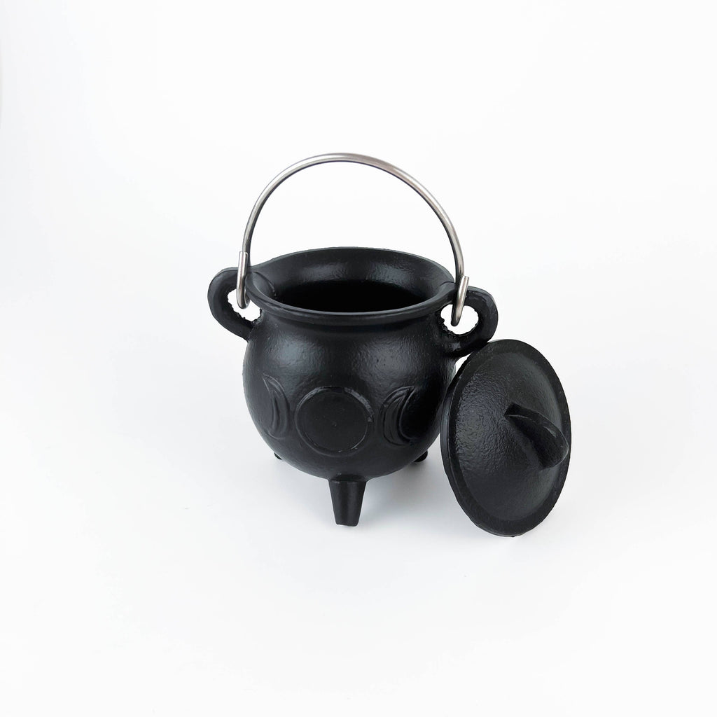 TRIPLE MOON Cast Iron Cauldron with Lid 4.5"D 4.25"H