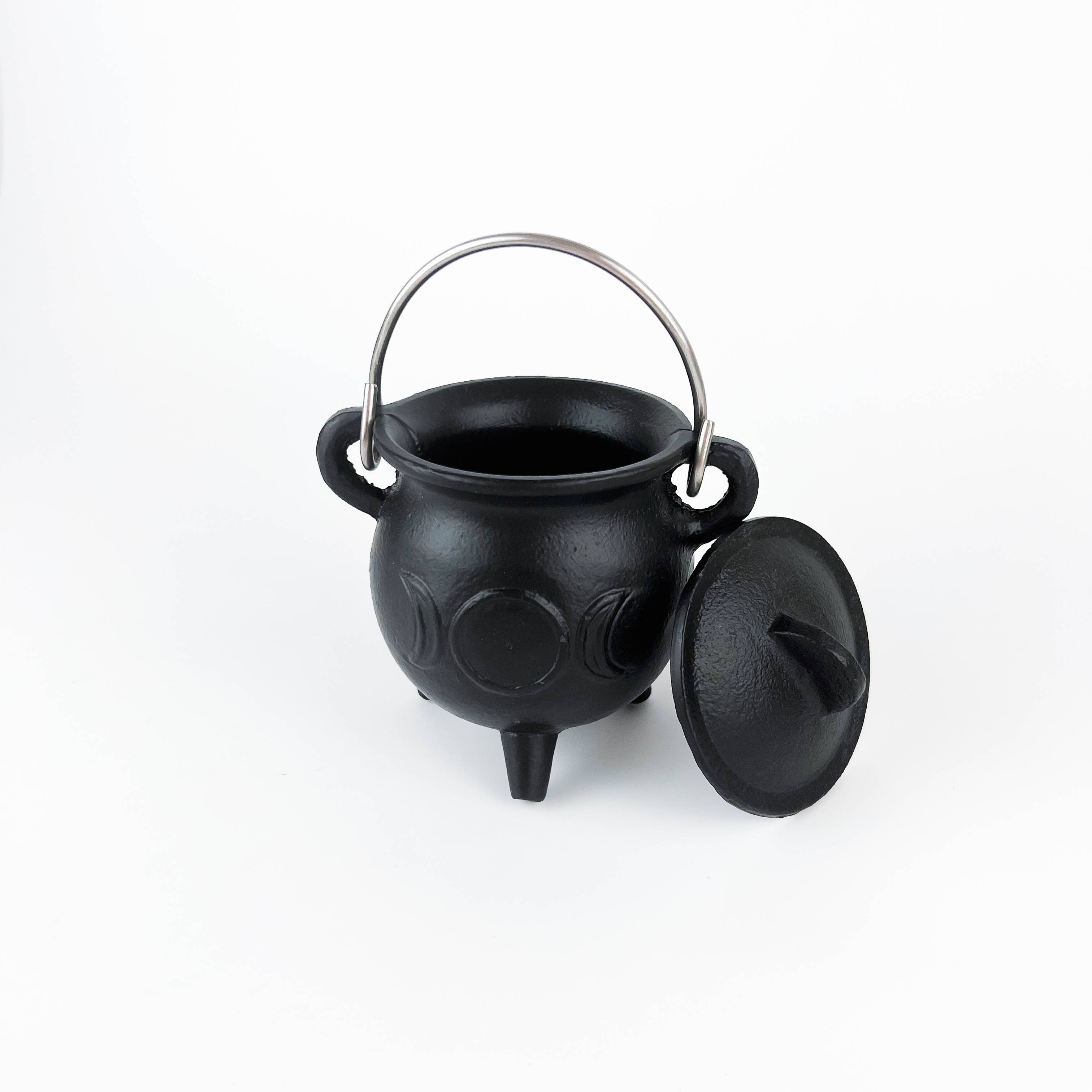 TRIPLE MOON Cast Iron Cauldron with Lid 4.5"D 4.25"H