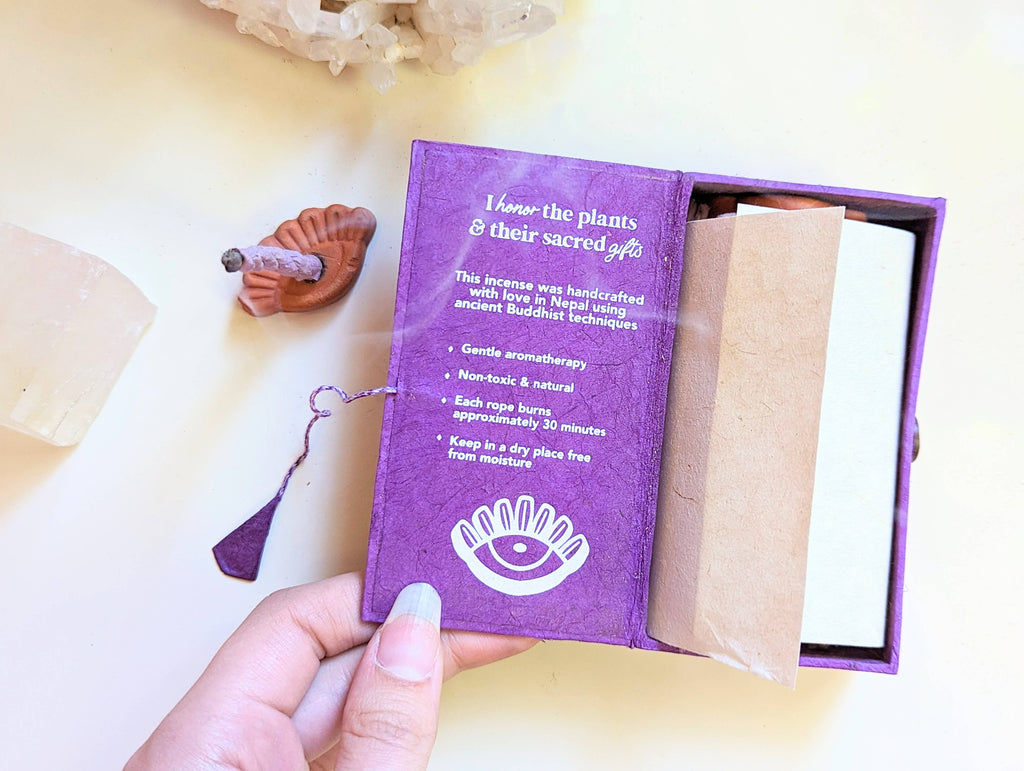 Sacred Smoke Rope Incense + Holder - Buddhist, Natural