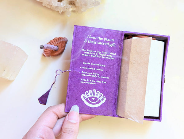 Sacred Smoke Rope Incense + Holder - Buddhist, Natural