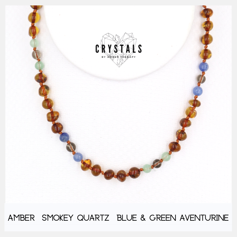 Amber, Smokey Quartz, Blue & Green Aventurine Child Necklace