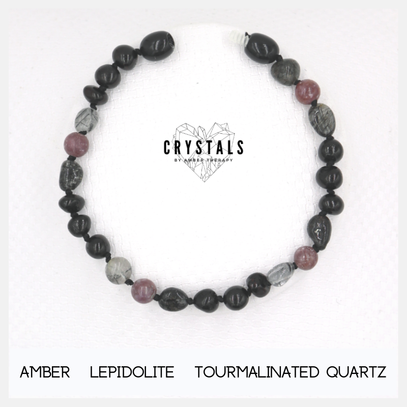 Amber, Lepidolite & Tourmalinated Quartz Adult Bracelet