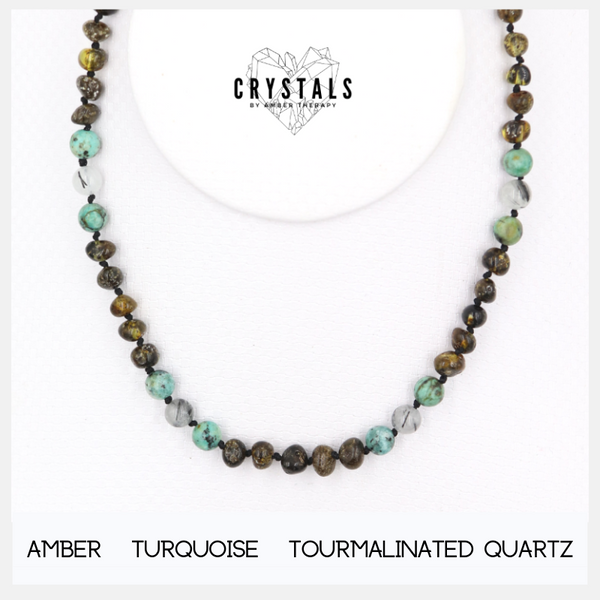 Amber, Turquoise & Tourmalinated Quartz Adult Necklace
