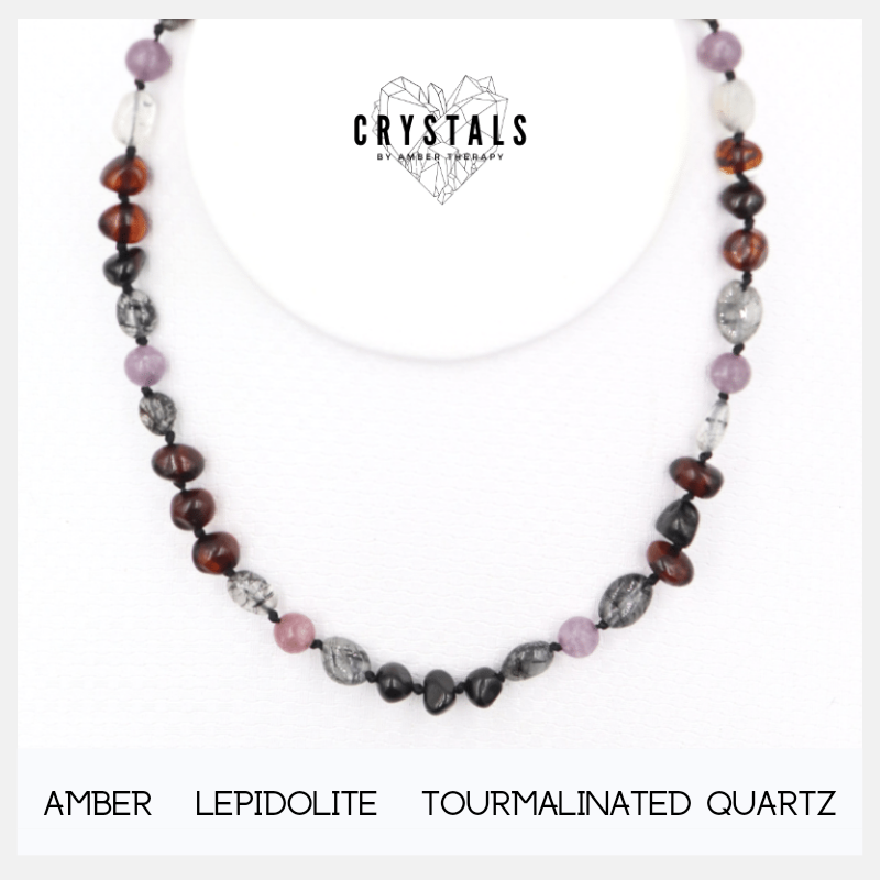 Amber, Lepidolite & Tourmalinated Quartz Adult Necklace