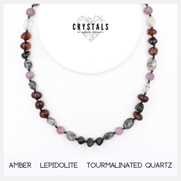 Amber Lepidolite Tourmalinated Quartz Adult Necklace Amber