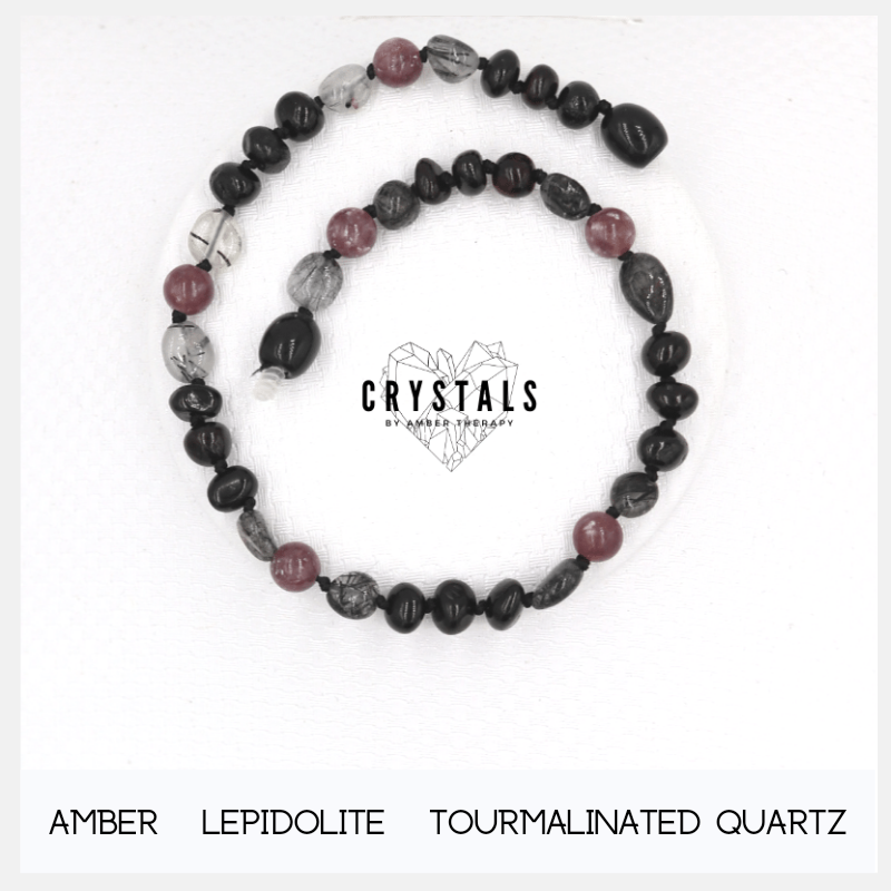 Amber, Lepidolite & Tourmalinated Quartz Adult Anklet