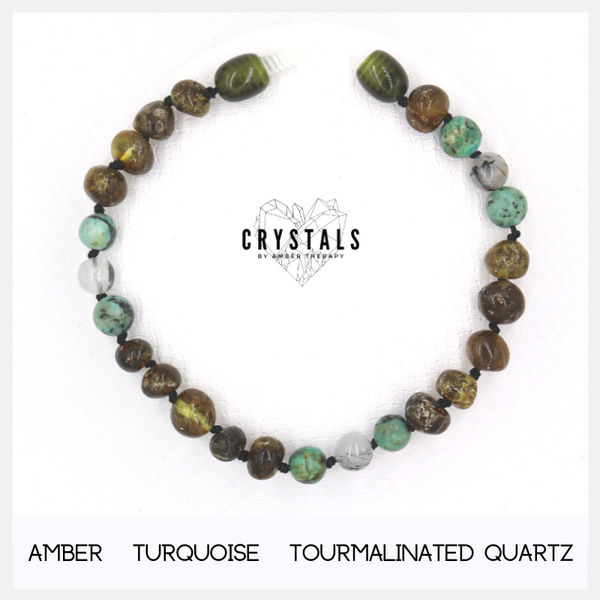 Amber, Turquoise & Tourmalinated Quartz Adult Bracelet