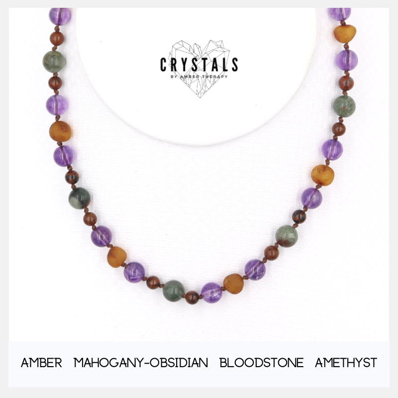 Amber, Mahogany Obsidian, Bloodstone & Amethyst Adult Necklace