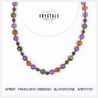 Amber, Mahogany Obsidian, Bloodstone & Amethyst Adult Necklace