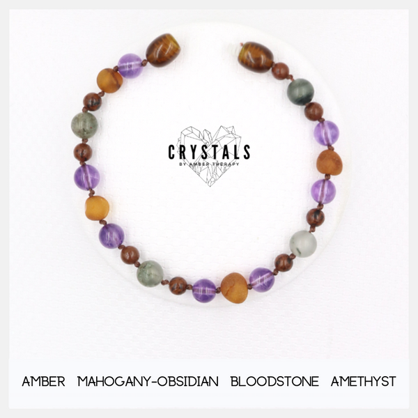 Amber, Mahogany Obsidian, Bloodstone & Amethyst Adult Bracelet