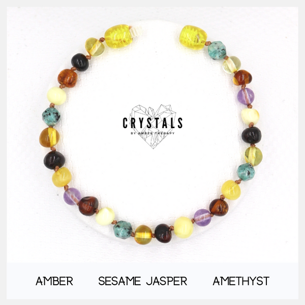 Amber, Sesame Jasper & Amethyst Adult Bracelet
