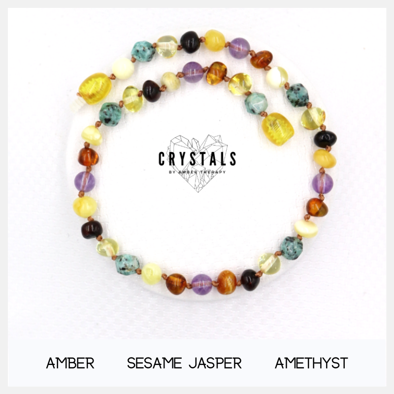 Amber, Sesame Jasper & Amethyst Adult Anklet